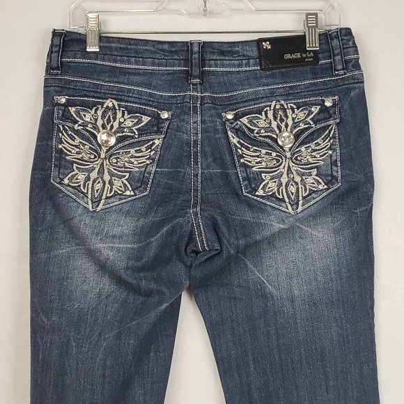 Grace In La Womens Boot Cut Jeans Blue Stretch Embellished Stone Wash Denim 9 - Picture 2 of 12